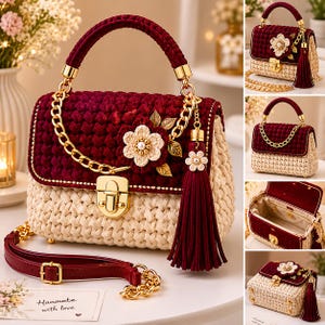 Pode incluir: Uma mala de mão em crochet bicolor com aba superior vermelho-escura e base creme. A mala inclui um fecho de metal dourado, uma pega de corrente dourada, uma alça de ombro vermelha removível e uma flor decorativa creme com um pendente.