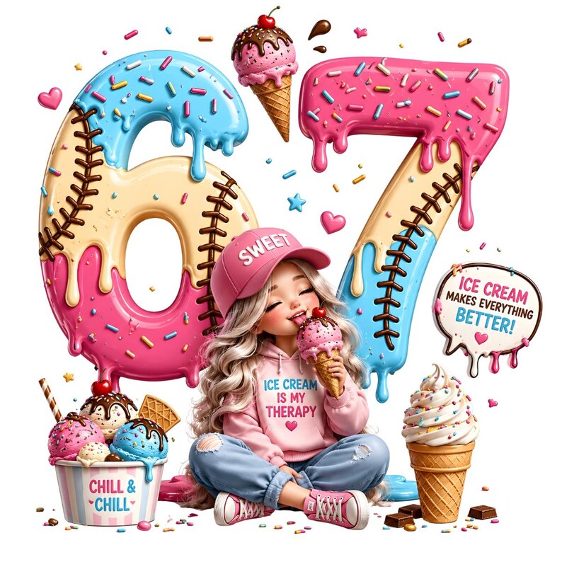 Six Seven Ice Cream Drip Sports Cool Meme PNG | Funny 67 Number PNG ...