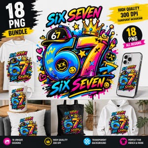 Könnte beinhalten: Ein digitales Grafikdesign-Paket mit dem Text "SIX SEVEN" und der Zahl "67" in einem lebendigen Graffiti-Stil. Das Kunstwerk enthält eine Krone, eine Baseballkappe, Smileys und Herzen in leuchtenden Blau-, Gelb- und Pinktönen.