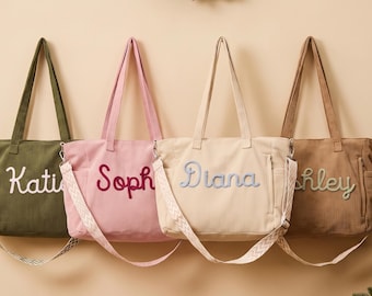 Personalised Corduroy Tote Bag, Custom Embroidered Name Shoulder & Crossbody Tote Bag, Gifts for Her, Personalised Gifts, Brithday Gifts