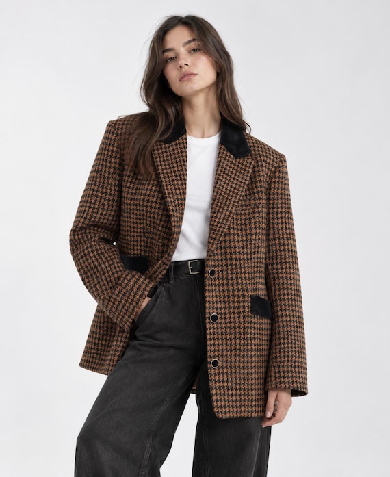 Vintage 90s Wool Houndstooth Blazer with Black Velvet Collar by St Bernard, Dark Academia Preppy Equestrian Jacket, Brown Checked Wool Coat,