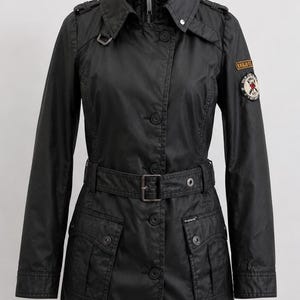 Chaqueta parka vintage de algodón encerado Khujo | Gabardina negra estilo militar con parche | Talla M de mujer | Estilo urbano Y2K