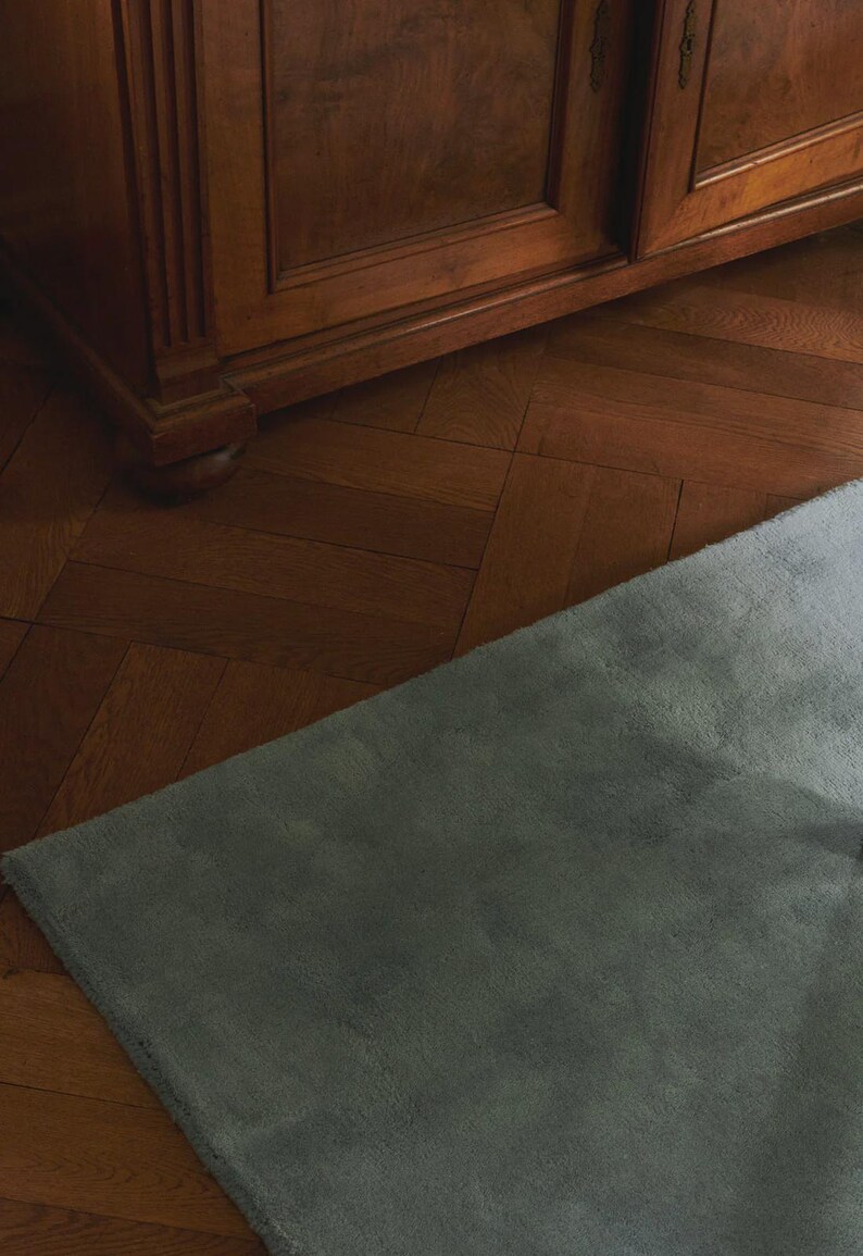 May include: A soft, gray rug with a plush texture, angled across the frame. The rug contrasts with the warm, brown tones of the wooden parquet flooring and a dark wooden cabinet in the background. The scene is lit with natural light.