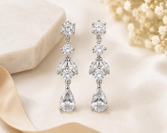 Tropfenförmige Hängeohrringe aus 925er Sterlingsilber, vergoldet | Zirkonia-Brautohrringe | Hochzeitsohrringe | 5 mm oder 7 mm | Silber/Gold