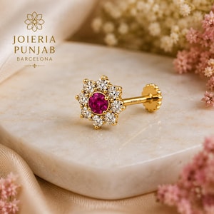 18K Solid Gold Ruby Floral Nose Stud | 5.1mm CZ Flower Nose Pin | 7mm Post | Minimalist Gold Nose Jewelry | Gift for Her