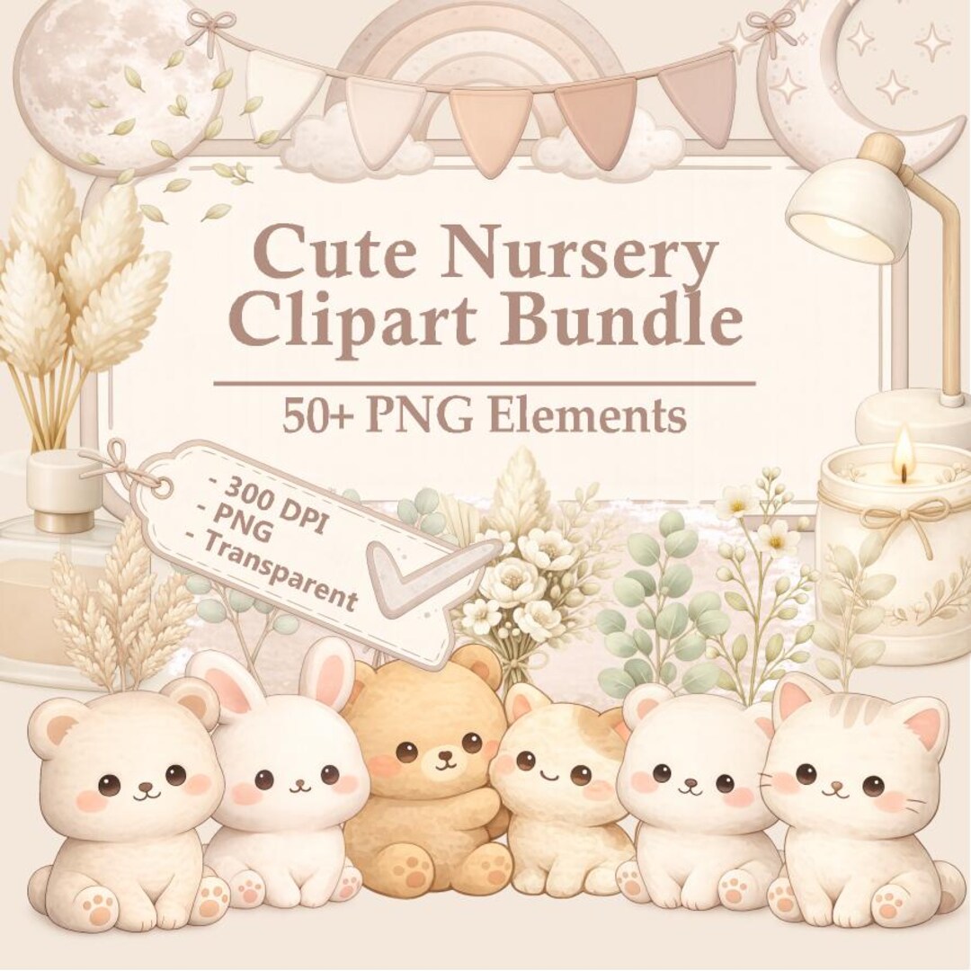 Neutral Cute Nursery Animals Clipart Bundle, 50 PNG Baby Animal ...