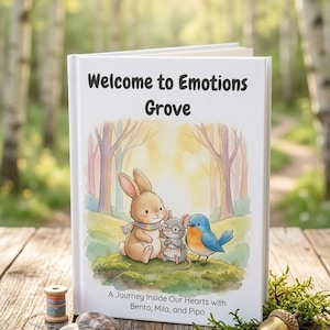 Pode incluir: Um livro de capa dura intitulado "Welcome to Emotions Grove" com uma ilustração de um coelho, um rato e um pássaro. O livro está sobre uma superfície de madeira com objetos decorativos.