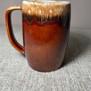 May include: A brown ceramic mug with a handle. The mug has a gradient color scheme, transitioning from a light tan at the rim to a dark brown at the base. The handle is a solid brown color.