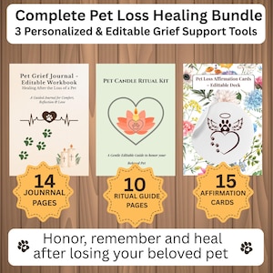 Könnte beinhalten: Komplettes Pet Loss Healing Bundle mit drei personalisierten und editierbaren Trauerbewältigungswerkzeugen. Enthält ein Pet Grief Journal, ein Kerzenritual-Kit und Affirmationskarten. Hilft beim Ehren, Erinnern und Heilen nach dem Verlust.