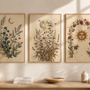 Celestial Botanical Wall Art Set, Vintage Moon Sun Boho Gallery Decor (Digital Download)