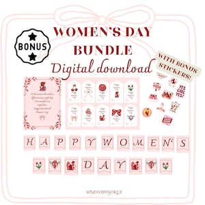 以下が含まれることがあります： 女性の日のデジタルダウンロードバンドル。ギフトタグ、ステッカー、バナーが特徴です。デザインには、花柄と女性らしいイラストが含まれており、「Happy Women's Day」と「Digital download」のテキストが使用されています。