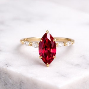 Marquise Cut Ruby Engagement Ring, Moissanite Cluster Promise Ring, Prong Setting Ring, Dainty Handmade Jewelry, Anniversary Gift For Her