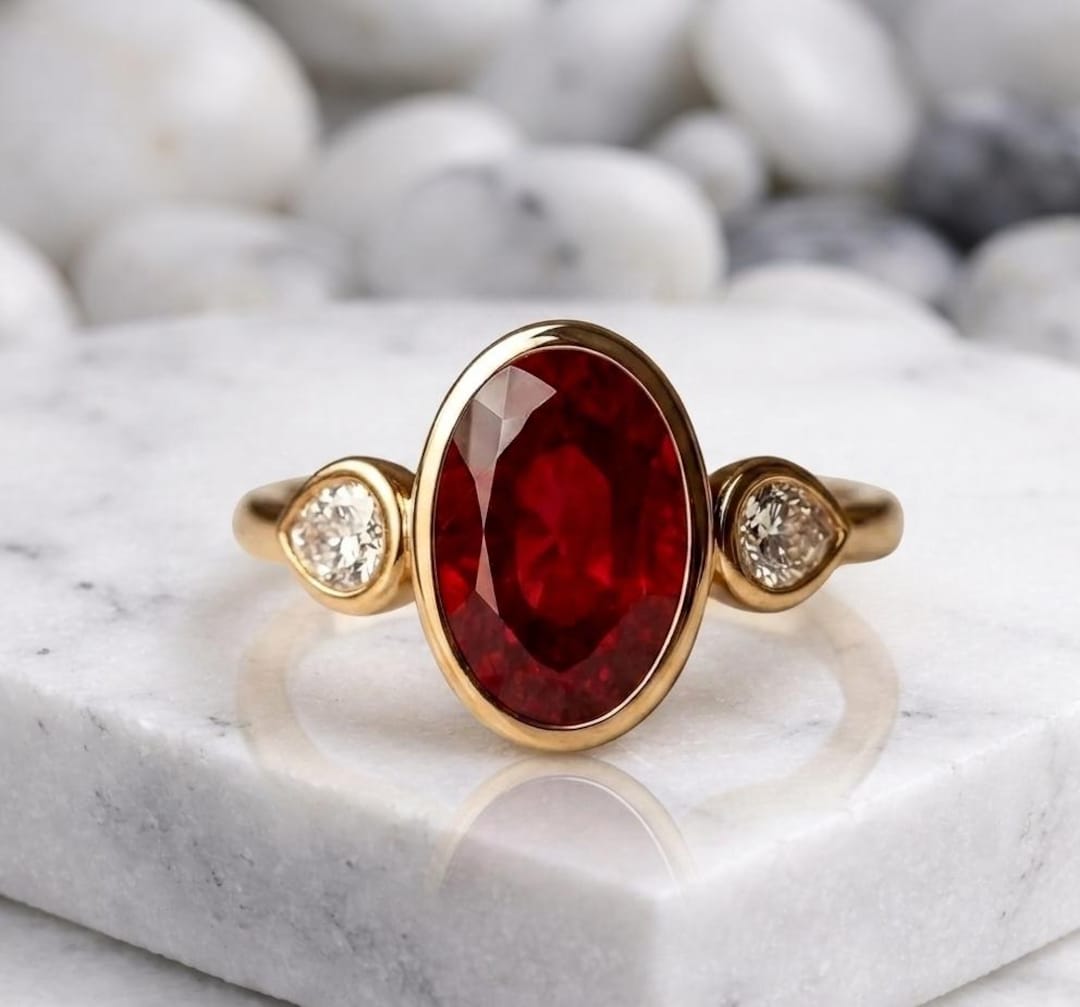 14K Solid Gold Oval Ruby Diamond Ring, July Birthstone Engagement Ring ...