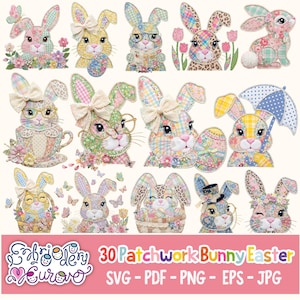 Puede incluir: Una colección de 30 diseños de conejos patchwork para Pascua. Los conejos son de varios colores y patrones, algunos llevan gafas, lazos y sostienen huevos de Pascua. La imagen incluye el texto "Embroidery Eurovo" y "30 Patchwork Bunny Easter".