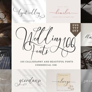 May include: A collection of wedding fonts with elegant calligraphy styles. The image showcases various font samples, including "Elegant Wedding," "Just Married," and "Timeless Romance." The text "Wedding 100 Fonts" is prominently displayed.