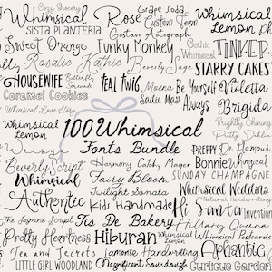 Könnte beinhalten: Ein Bundle von 100 skurrilen Schriftarten, in verschiedenen schwarzen Schriftarten auf cremefarbenem Hintergrund dargestellt. Die Wörter sind dicht angeordnet, ideal für kreative Projekte.