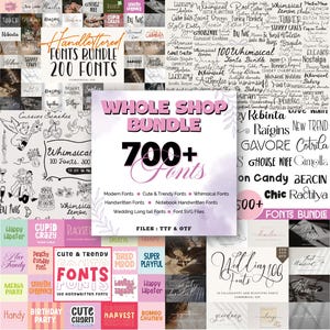 May include: A digital font collection bundle featuring the text Whole Shop Bundle 700+ Fonts, with various font styles, names, and categories displayed in a grid layout. The design includes pink and purple watercolor accents and lists file formats.