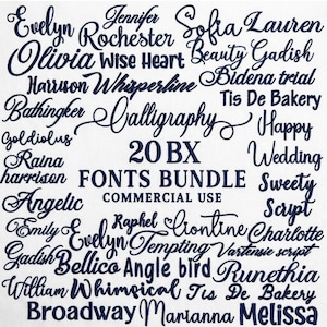 May include: A digital collection of 20 BX fonts for commercial use, displayed as a white background with dark blue text. The image features various names and words written in diverse cursive and script styles, including Calligraphy, 20 BX FONTS BUNDLE.