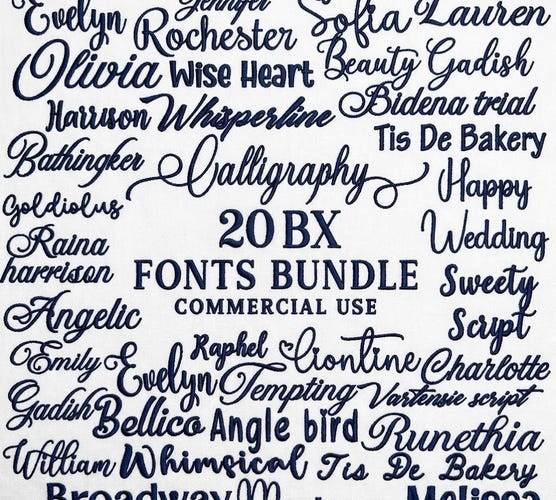 Package 20 BX Embroidery Fonts — 5 Sizes, Satin Stitch