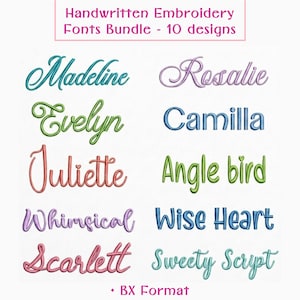 May include: A digital display of a Handwritten Embroidery Fonts Bundle featuring 10 designs. The text includes the names Madeline, Rosalie, Evelyn, Camilla, Juliette, Angle bird, Whimsical, Wise Heart, Scarlett, and Sweety Script in various colors.