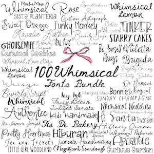 May include: A collection of whimsical fonts in various styles, including script and display fonts. The text includes phrases like "Whimsical Rose," "Funky Monkey," and "100 Whimsical Fonts Bundle." A pink bow graphic is also present.