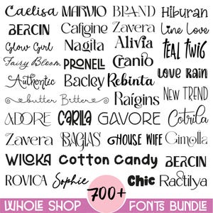 May include: A digital font collection display featuring black text on a white background. The image showcases various typographic styles including Caelisa, Marvio, Brand, Hiburan, Bercin, and others, with a pink circle stating 700+ and text reading Whole Shop Fonts Bundle.