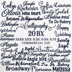 May include: A digital display of 20 BX embroidery fonts in dark blue script lettering on a white background. The text includes various names and words like Evelyn, Jennifer, Sofia, and Calligraphy, with the text 20 BX NANO SIZE: 0.25, 0.50, 0.75 COMMERCIAL USE.
