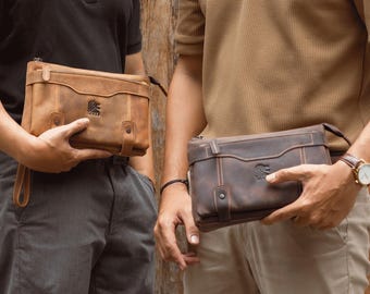 Bolso de mano vintage de piel de vacuno auténtica para hombre.