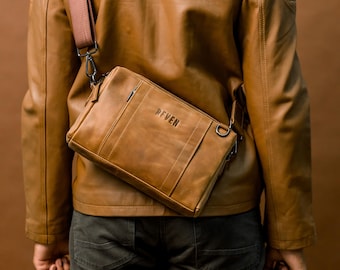 Bolso bandolera de piel Crazy Horse para hombre, estilo vintage.
