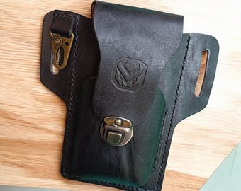 Funda de cuero para cinturón de teléfono para hombre, billetera de cuero de vaca con doble ranura