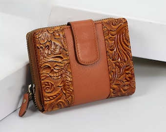 Cartera de cuero hecha a mano para mujer, mini monedero de piel de vaca auténtica