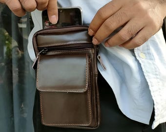 Funda de cuero para teléfono con clip para cinturón, funda de cuero auténtico para hombre