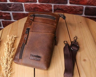 Bolso de cuero para teléfono hecho a mano, funda de cuero de vaca para smartphone con correa