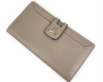 Cartera larga de piel de vacuno auténtica para mujer, monedero fino hecho a mano