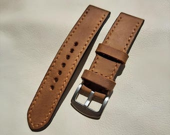 Correa de reloj de piel Crazy Horse hecha a mano, unisex, con costura completa (18-24 mm)