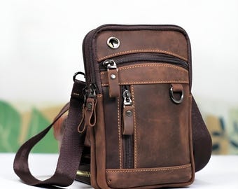 Bolso bandolera para teléfono de piel de vaca auténtica, bolso bandolera Crazy Horse
