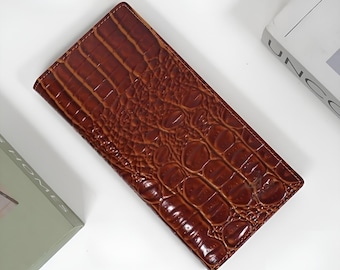 Cartera plegable alargada de piel de vacuno auténtica, unisex, con relieve de cocodrilo y bloqueo RFID (9 x 19 x 2 cm)