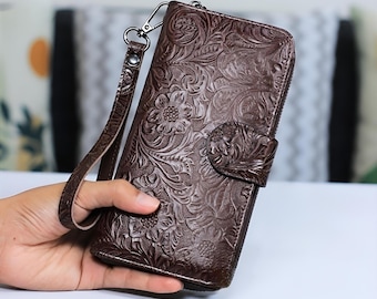 Cartera para teléfono de piel auténtica repujada, tarjetero de piel de vaca para mujer