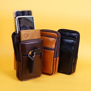 Men’s Leather Waist Bag with 3 Phone Slots, Real Cowhide Leather Belt Pouch