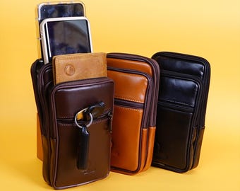 Men’s Leather Waist Bag with 3 Phone Slots, Real Cowhide Leather Belt Pouch
