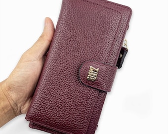 Cartera larga de piel de vaca con cremallera hecha a mano para mujer, monedero auténtico