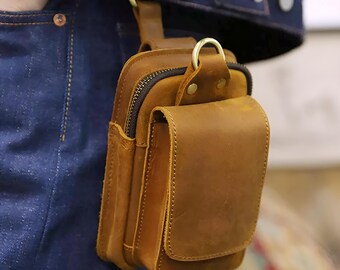 Riñonera de cuero hecha a mano para teléfono, funda de piel de vaca para cinturón de smartphones