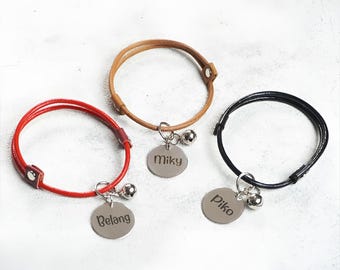 Collar de cuero personalizado para gatos: placa de identificación de acero inoxidable grabada y cascabel.