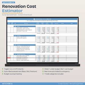 Puede incluir: Una pantalla de portátil muestra una hoja de cálculo de estimación de costes de renovación. La hoja de cálculo incluye secciones para cocina, fontanería, suelos e iluminación. El texto en la pantalla dice "Renovation Cost Estimator" y "Excel Spreadsheet - Instant Download."