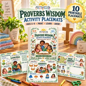 Op de afbeelding: Een set van 10 printbare activiteitenplacemats getiteld Proverbs Wisdom Activity Placemats voor kinderen van 5-9 jaar. De placemats bevatten kleurrijke illustraties van kinderen, bijbelverzen, doolhoven en schrijfoefeningen.