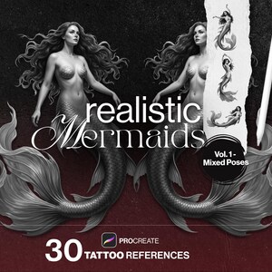 Tampons de tatouage Procreate Sirènes⎮30 Pinceaux de références réalistes pour Artistes Tatoueurs (Vol. 1 - Poses Variées)