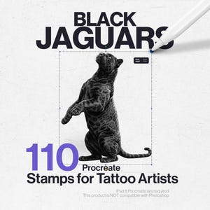 Zwarte Jaguar Tattoo Stempels: 110 Realistische Procreate Penselen Set (Digitale Download)