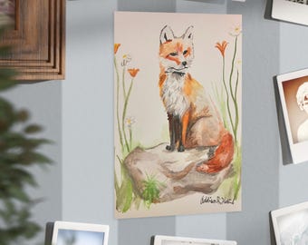 水彩画のキツネのプリント｜森の動物のイラスト、好奇心旺盛なキツネのアート