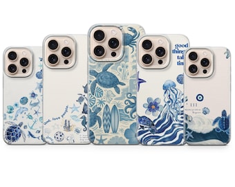 Blue Coastal Toile Phone Case Santorini Aesthetic Sea Turtle Cover for iPhone 17 Air 16e 15 Pro Max 14 | Samsung S26 Ultra S25+ | Pixel 10