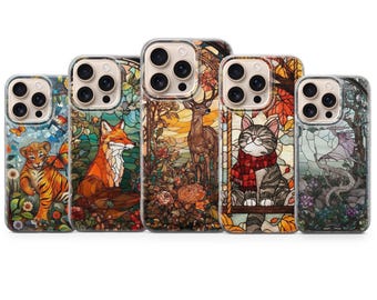 Stained Glass Animal Phone Case Mosaic Fox Tiger Cat Deer Art for iPhone 17 Air 16e 15 Pro Max 14 | Samsung S26 Ultra S25+ | Google Pixel 10
